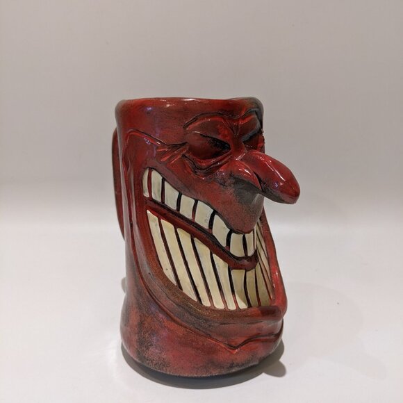 Vintage 1970s Deep Pink Art Pottery Mug/Pitcher – Laughing Face Whimsical 6" - Picture 4 of 8